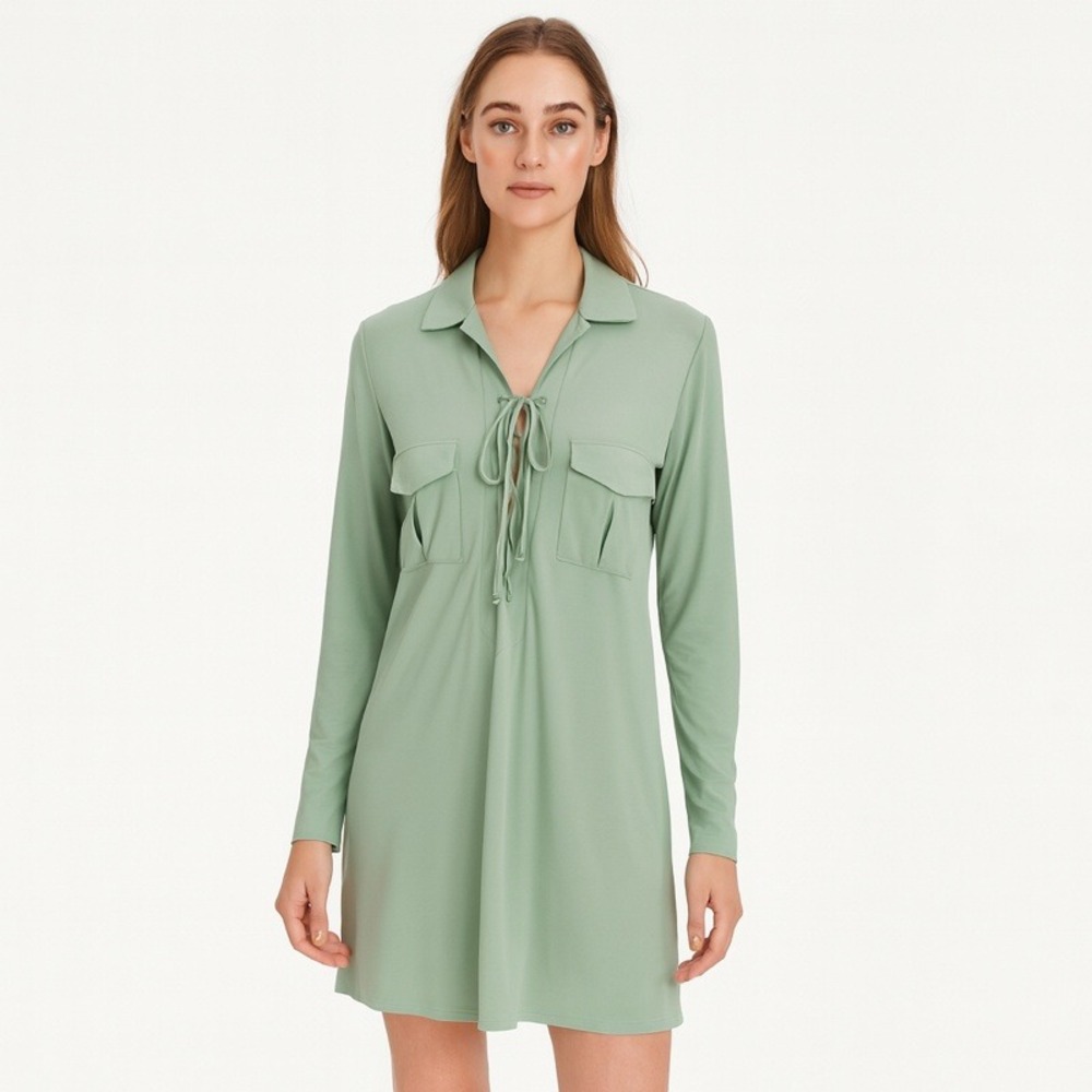 YFB Clothing Womens Sage Green Long Sleeve Mini Dress with Pockets and Tie